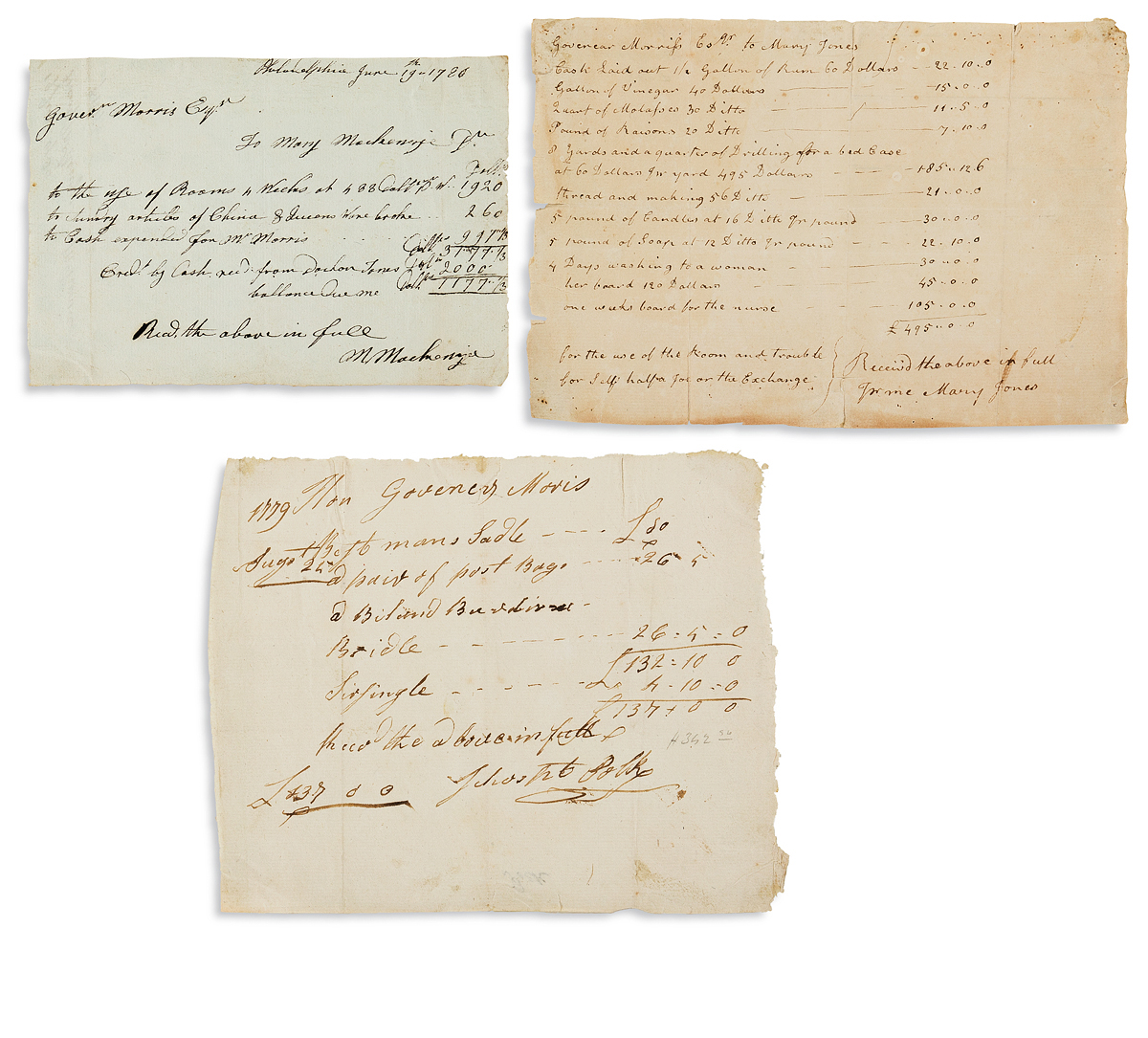 (AMERICAN REVOLUTION--1779.) Group of receipts issued to Founding Father Gouverneur Morris.